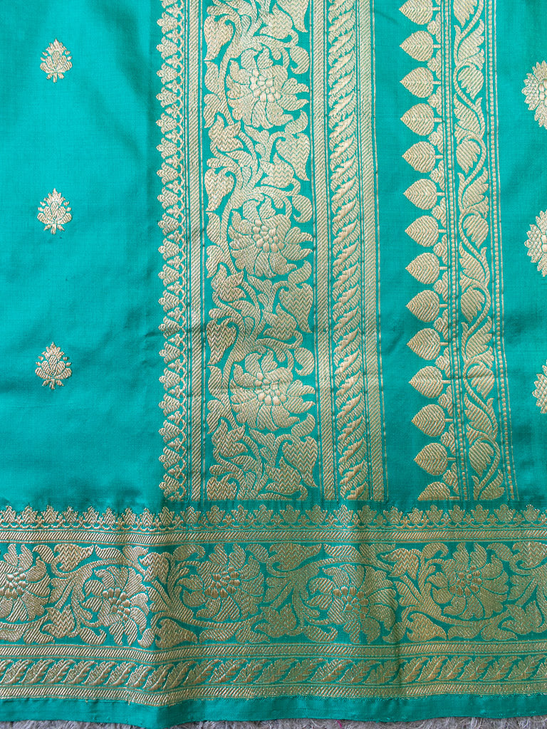 Banarasi Pure Katan Silk Saree With Zari Buti Weaving & Border-Aqua Blue