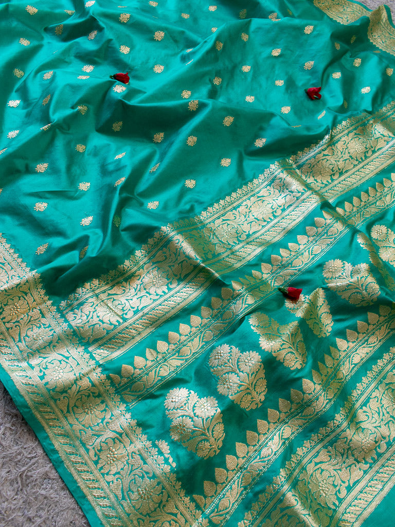 Banarasi Pure Katan Silk Saree With Zari Buti Weaving & Border-Aqua Blue