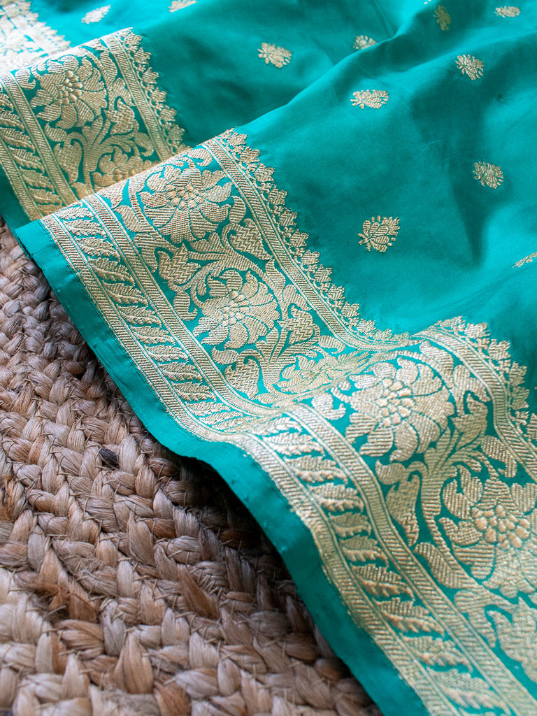 Banarasi Pure Katan Silk Saree With Zari Buti Weaving & Border-Aqua Blue