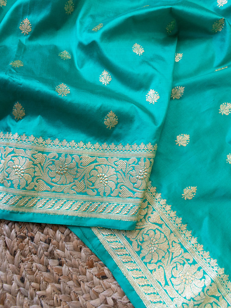 Banarasi Pure Katan Silk Saree With Zari Buti Weaving & Border-Aqua Blue