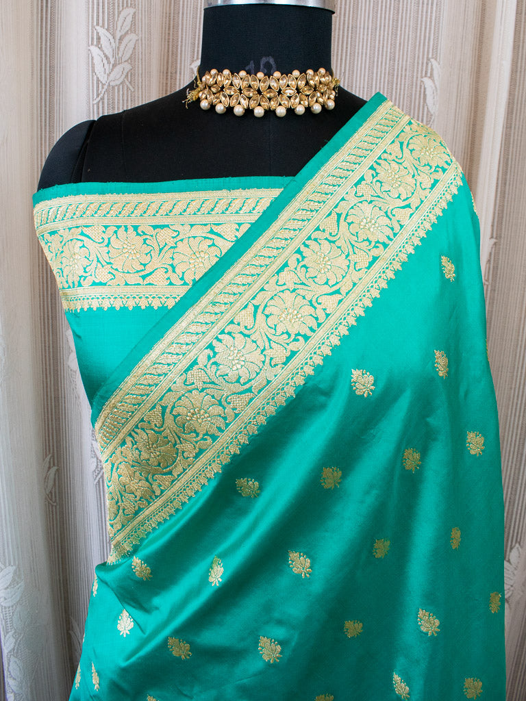 Banarasi Pure Katan Silk Saree With Zari Buti Weaving & Border-Aqua Blue