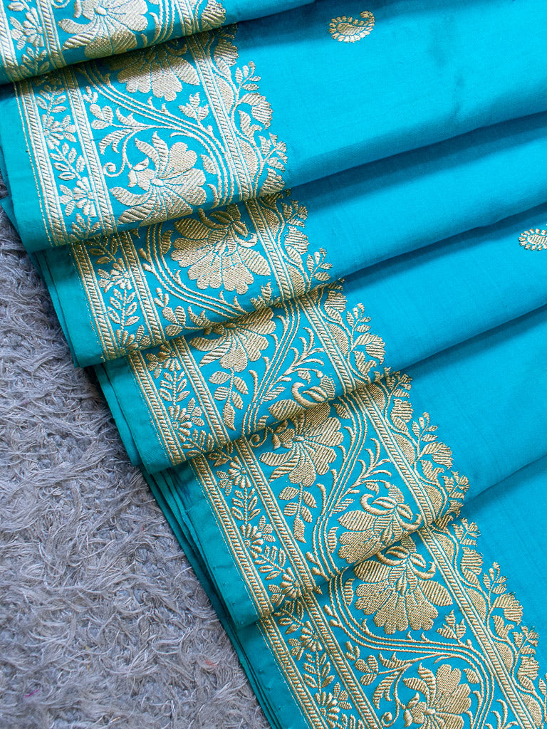 Banarasi Pure Katan Silk Saree With Zari Buti Weaving & Border-Blue