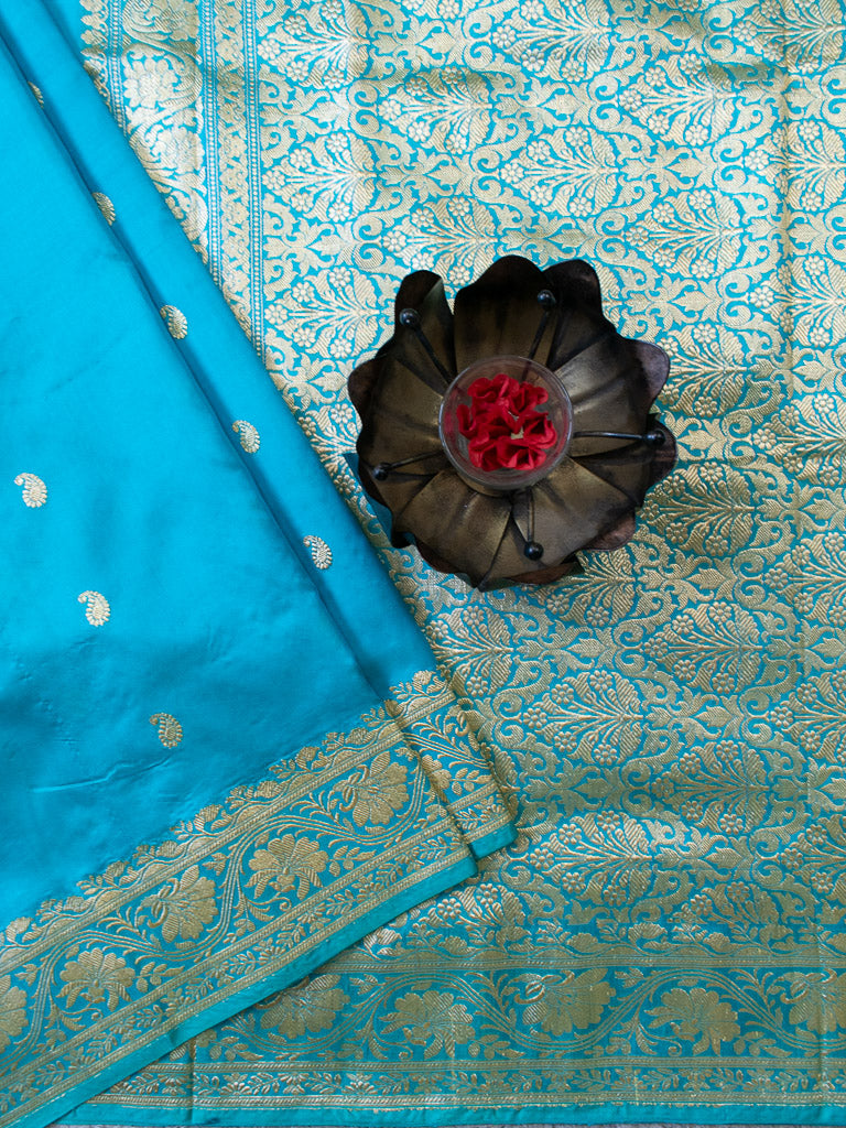 Banarasi Pure Katan Silk Saree With Zari Buti Weaving & Border-Blue