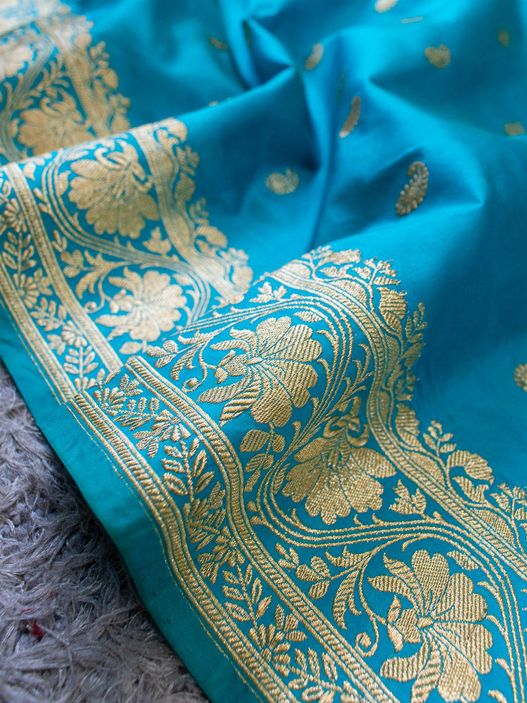 Banarasi Pure Katan Silk Saree With Zari Buti Weaving & Border-Blue