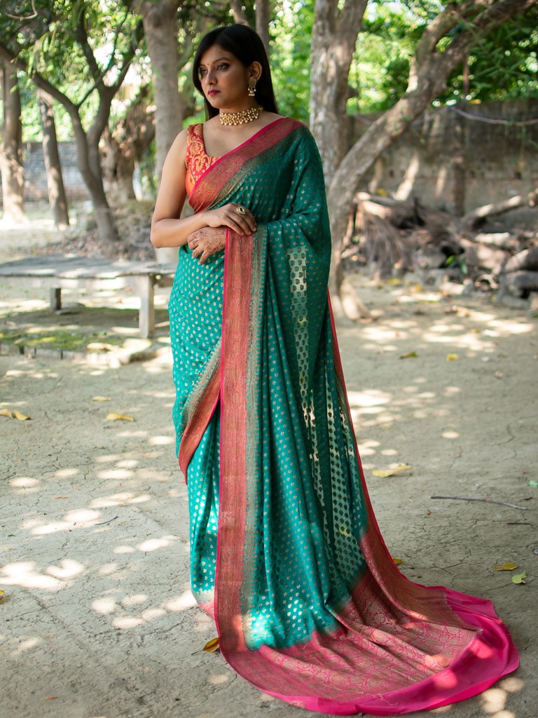 Banarasi Pure Georgette Saree With Antique Zari Buti Weaving & Contrast Border-Teal & Red