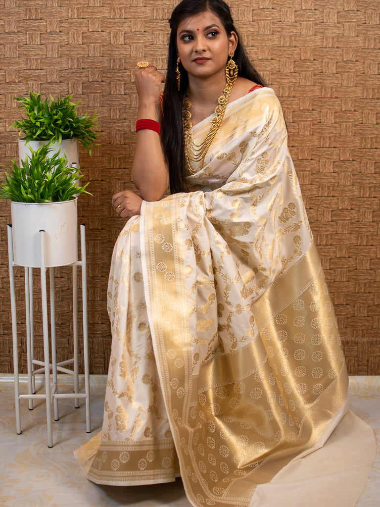 Banarasi Art Katan Silk Saree With Zari Jaal Weaving-Off White