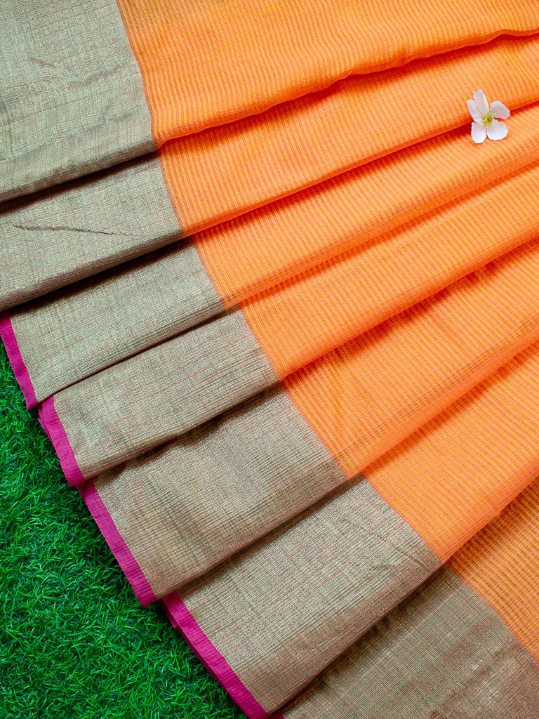 Banarasi Cotton Silk Saree Plain Body With Antique Zari Border-Orange