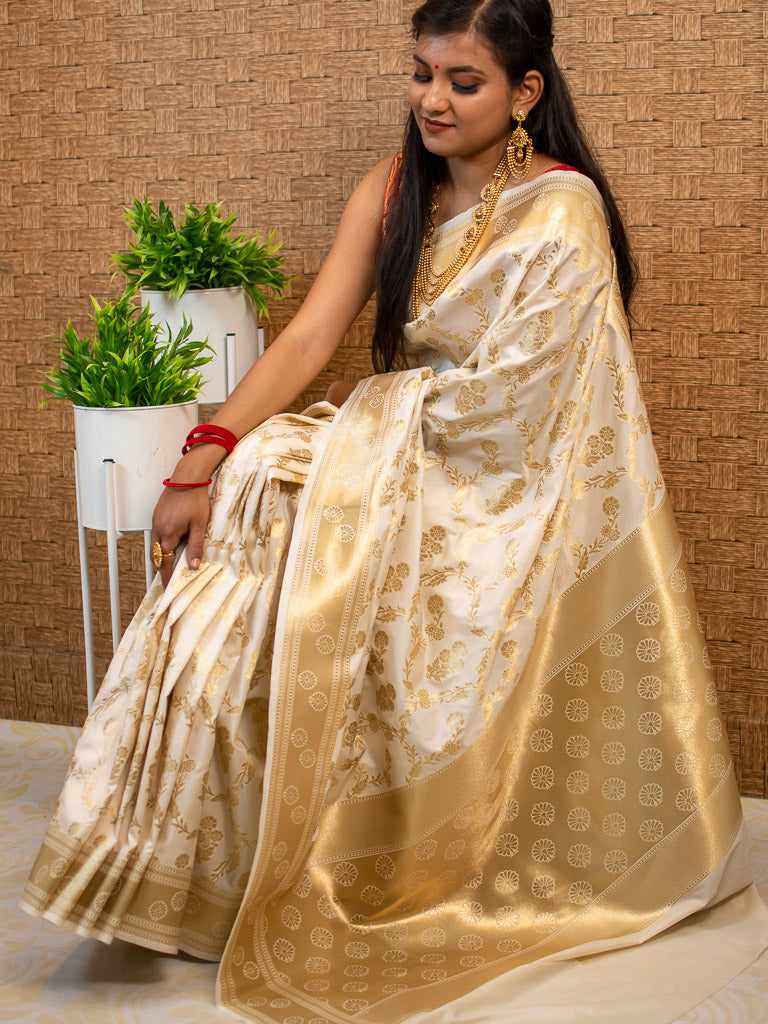 Banarasi Art Katan Silk Saree With Zari Jaal Weaving-Off White