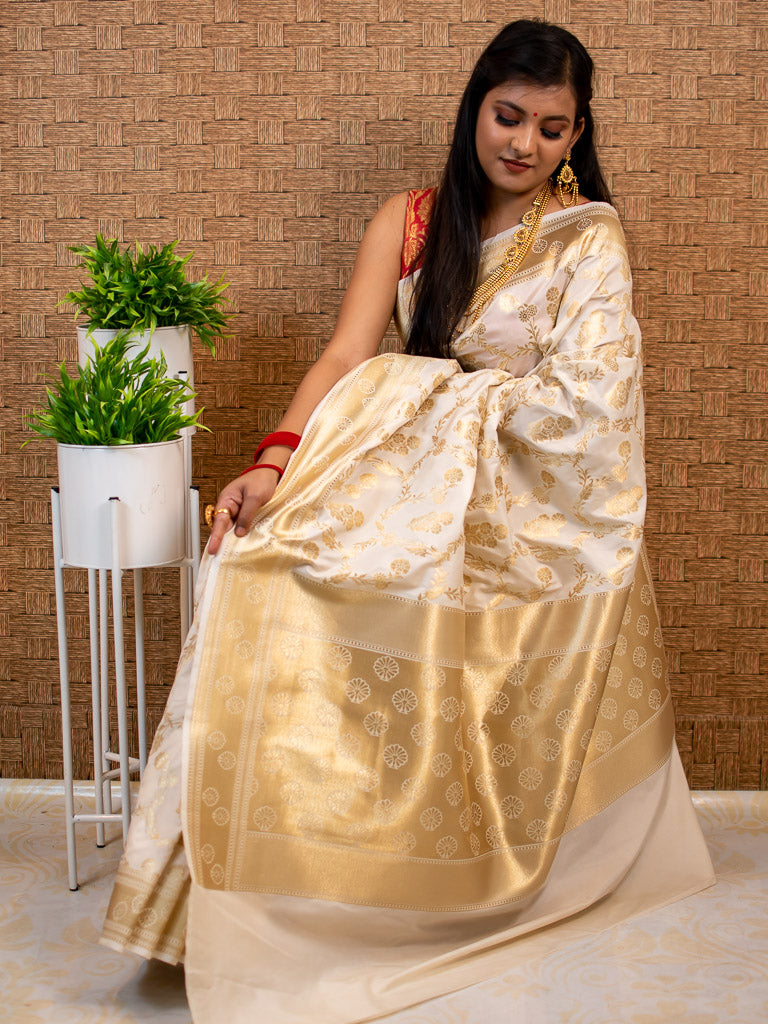 Banarasi Art Katan Silk Saree With Zari Jaal Weaving-Off White