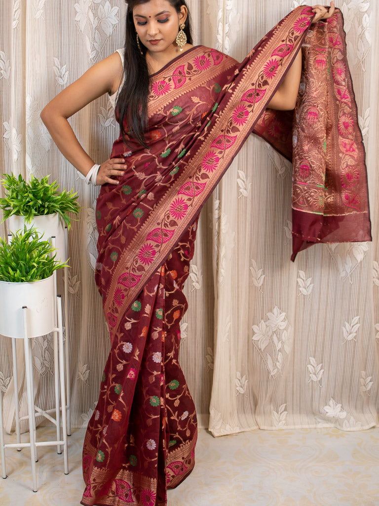 Banarasi Semi Silk Saree With Multicoloured Jaal Zari Weaving-Maroon