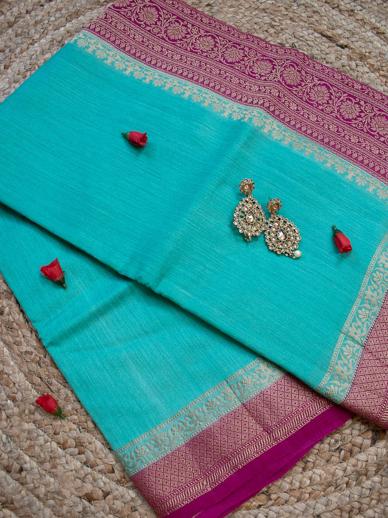 Banarasi Handwoven Pure Muga Silk Saree With Antique Resham Border-Turquoise Blue