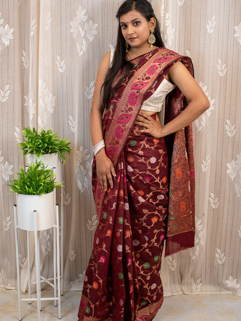Banarasi Semi Silk Saree With Multicoloured Jaal Zari Weaving-Maroon
