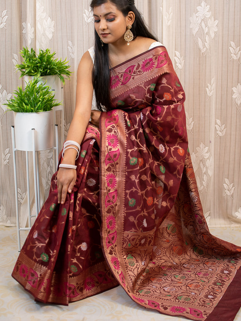 Banarasi Semi Silk Saree With Multicoloured Jaal Zari Weaving-Maroon