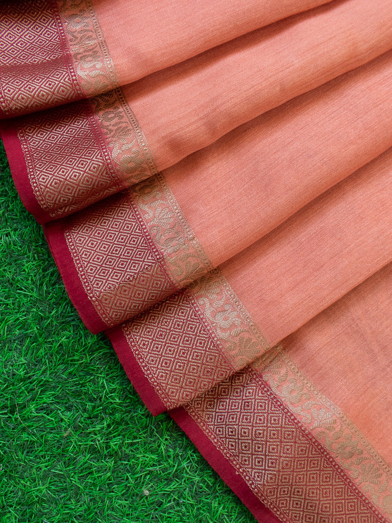 Banarasi Handwoven Pure Muga Silk Saree With Antique Resham Border-Peach & Red