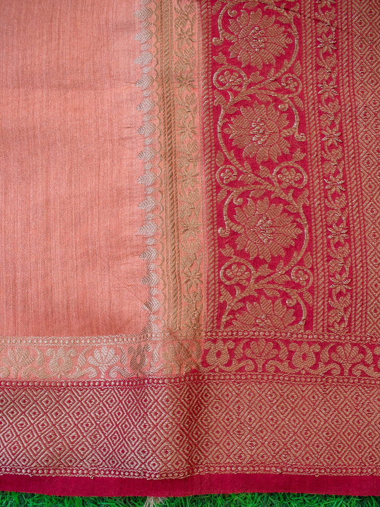 Banarasi Handwoven Pure Muga Silk Saree With Antique Resham Border-Peach & Red