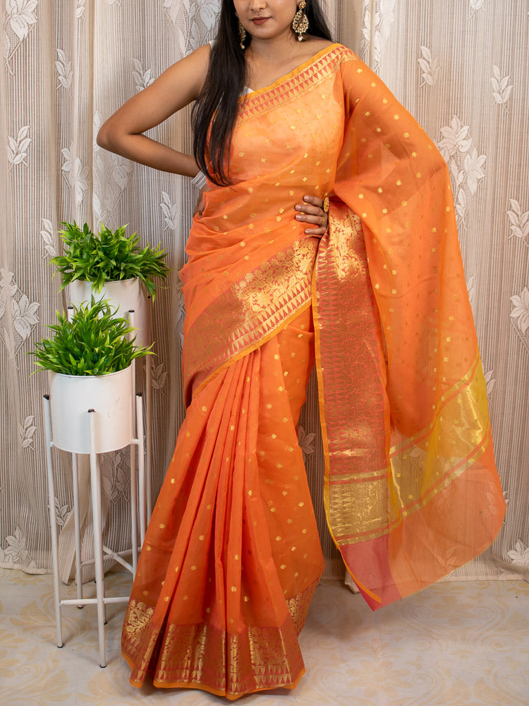 Banarasi Chanderi Cotton Zari Polka Dots Weaving-Orange