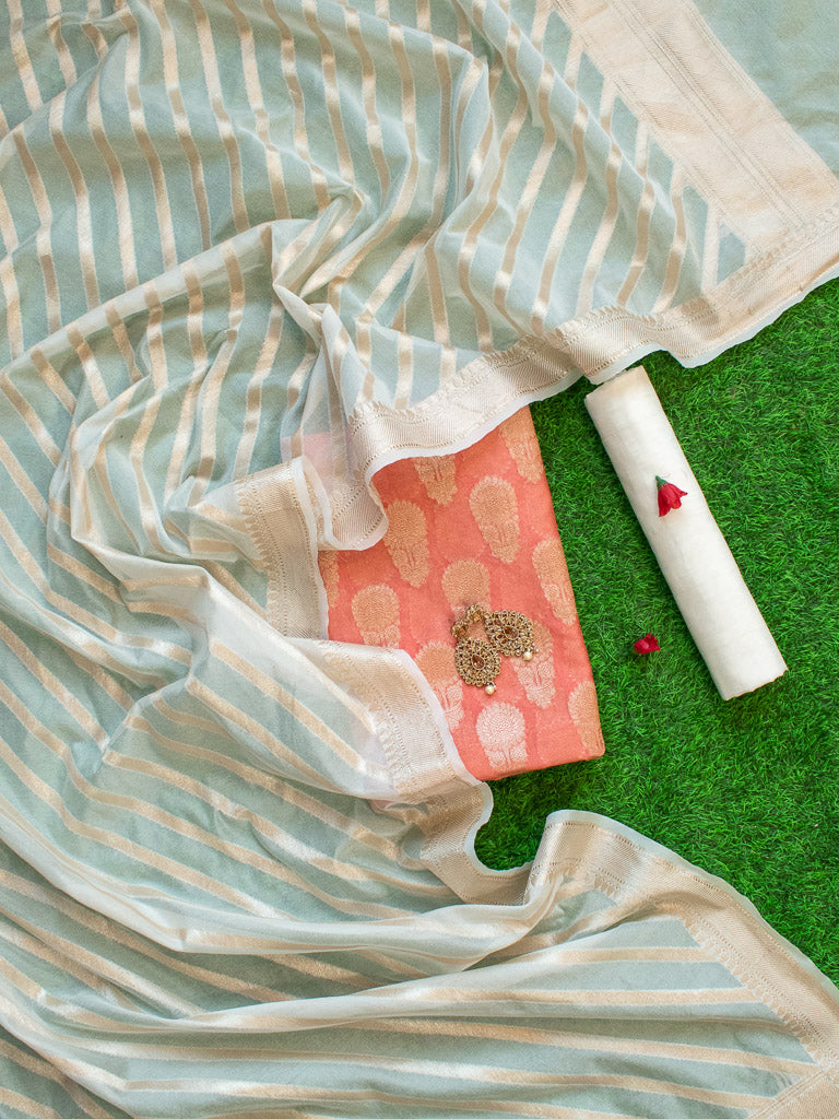 Banarasi Semi Georgette Salwar Kameez Fabric With Zari Dupatta-Peach