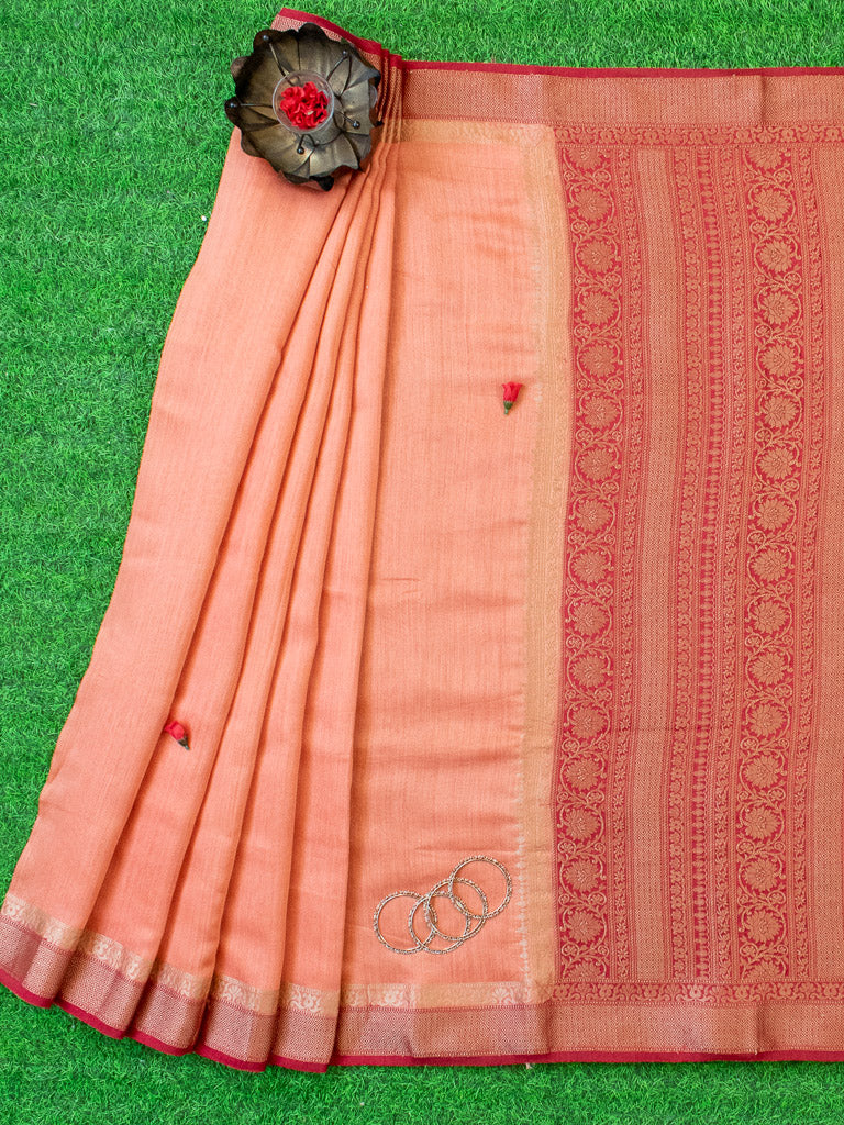Banarasi Handwoven Pure Muga Silk Saree With Antique Resham Border-Peach & Red