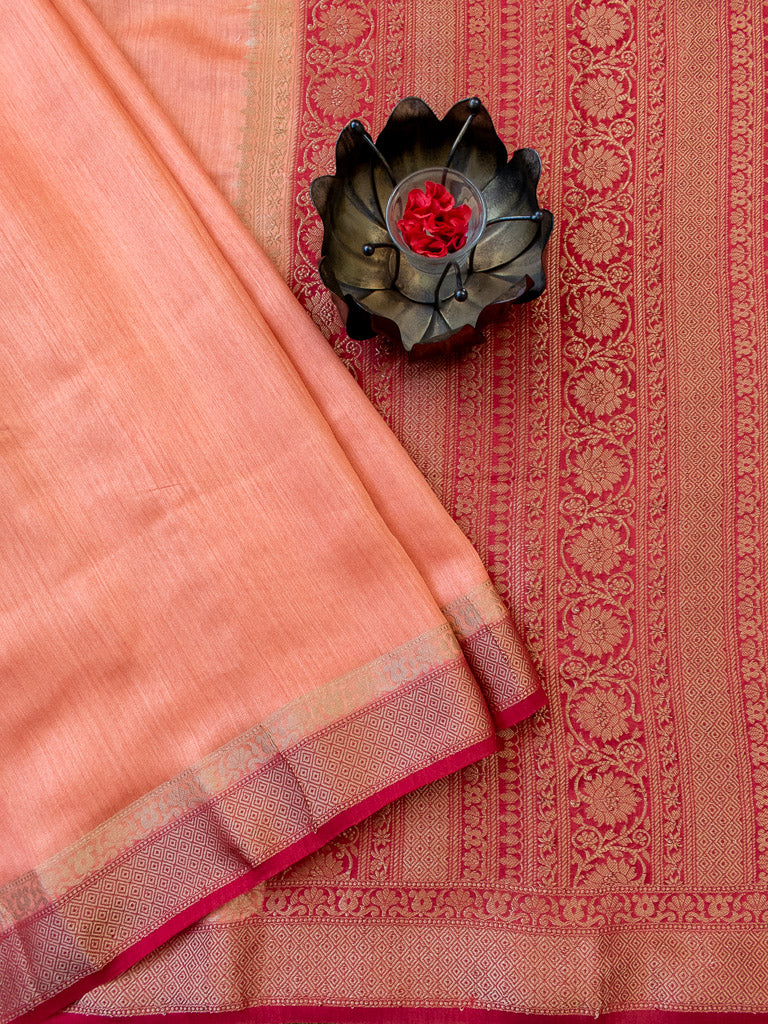 Banarasi Handwoven Pure Muga Silk Saree With Antique Resham Border-Peach & Red