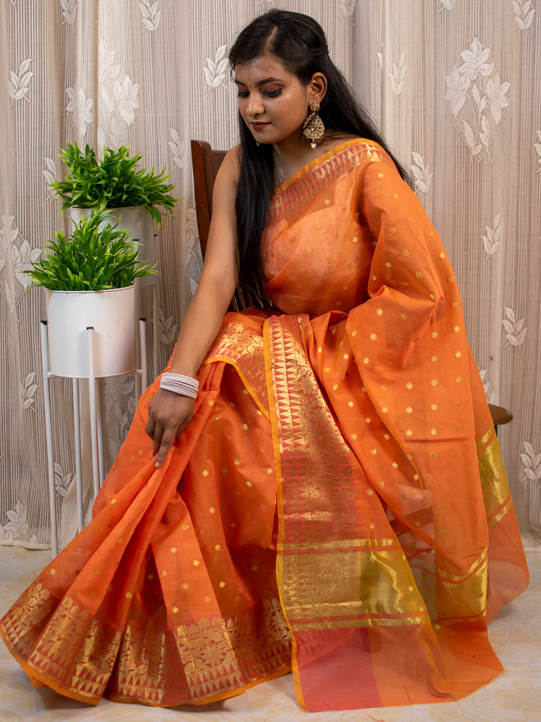 Banarasi Chanderi Cotton Zari Polka Dots Weaving-Orange