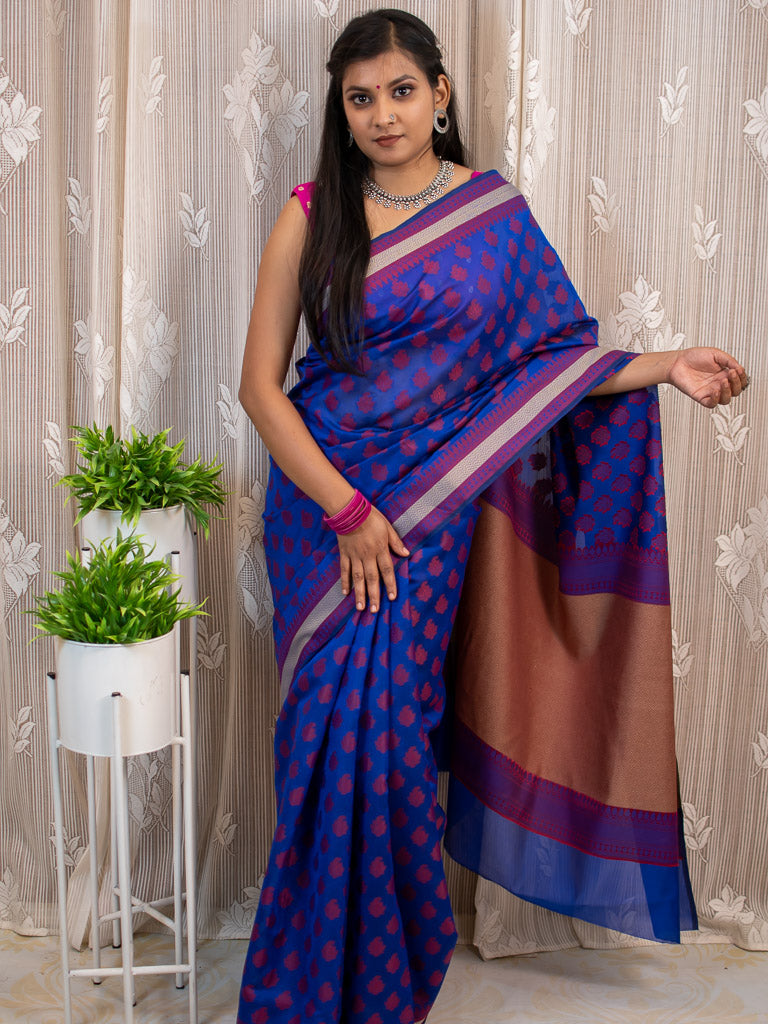 Banarasi Cotton Silk Saree With Resham Buti Weaving Border-Royal blue