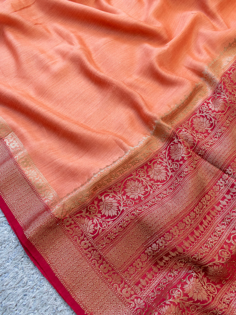 Banarasi Handwoven Pure Muga Silk Saree With Antique Resham Border-Peach & Red