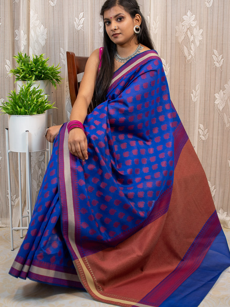 Banarasi Cotton Silk Saree With Resham Buti Weaving Border-Royal blue