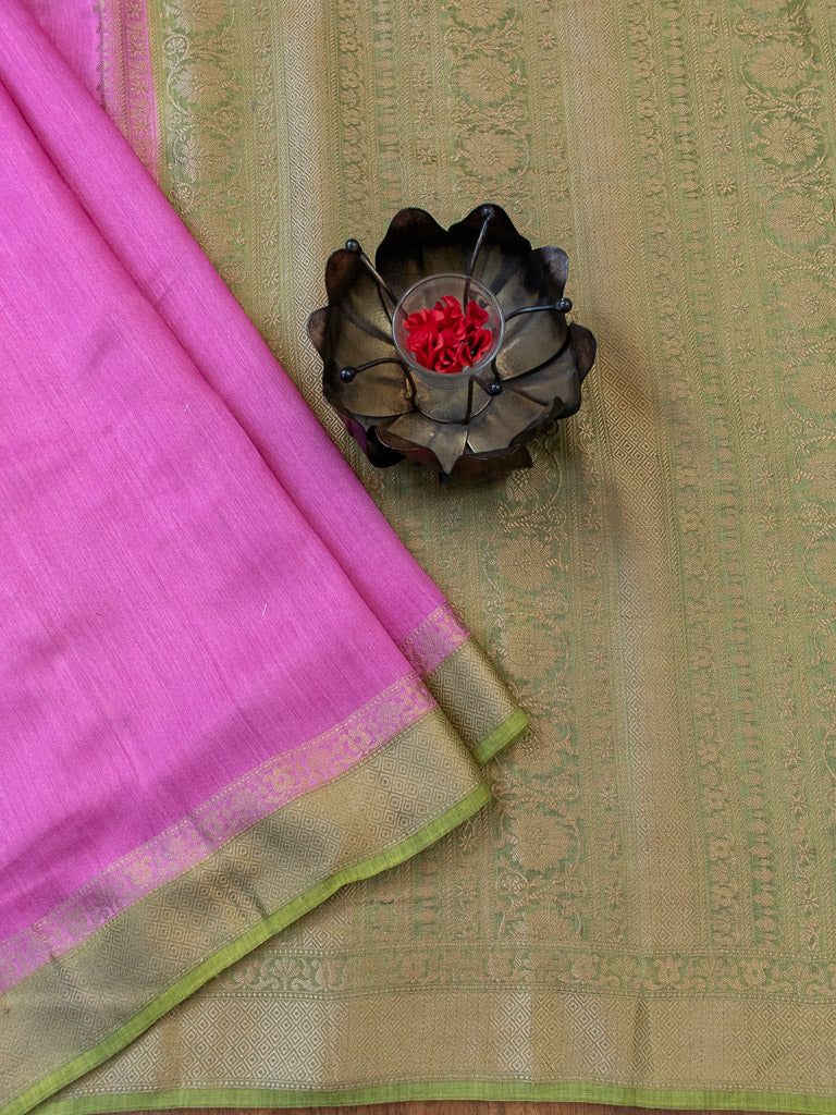Banarasi Handwoven Pure Muga Silk Saree With Antique Resham Border-Pink