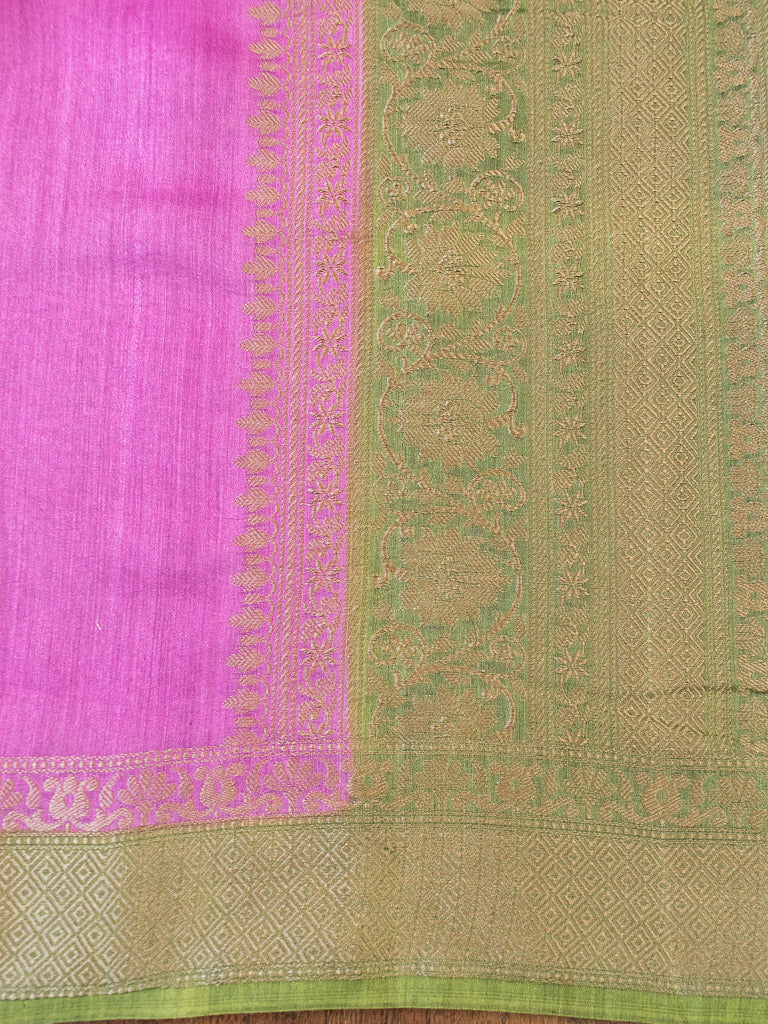 Banarasi Handwoven Pure Muga Silk Saree With Antique Resham Border-Pink