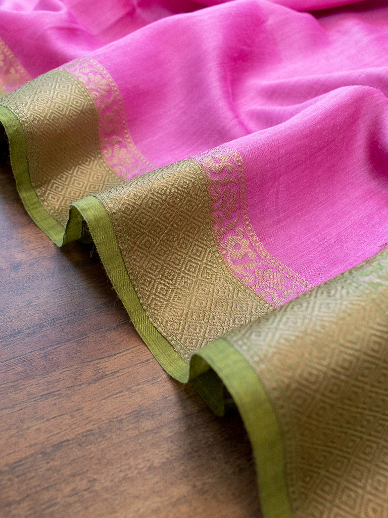 Banarasi Handwoven Pure Muga Silk Saree With Antique Resham Border-Pink