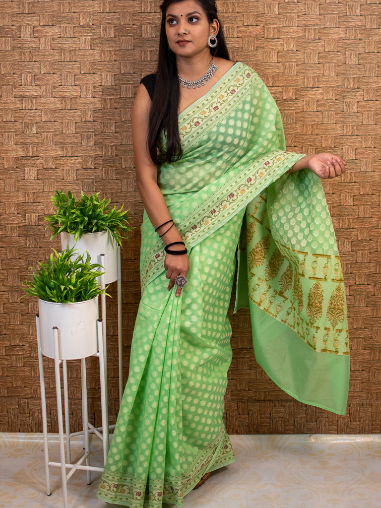 Banarasi Pure Cotton Saree Zari & Resham Buti Weaving-Green