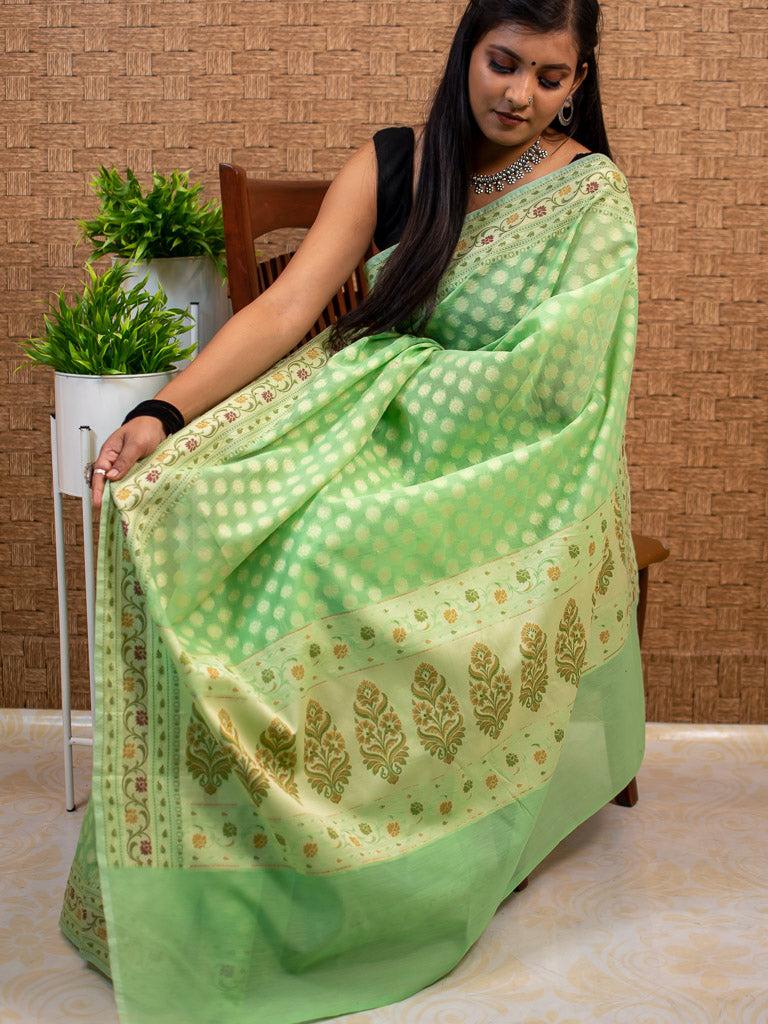 Banarasi Pure Cotton Saree Zari & Resham Buti Weaving-Green