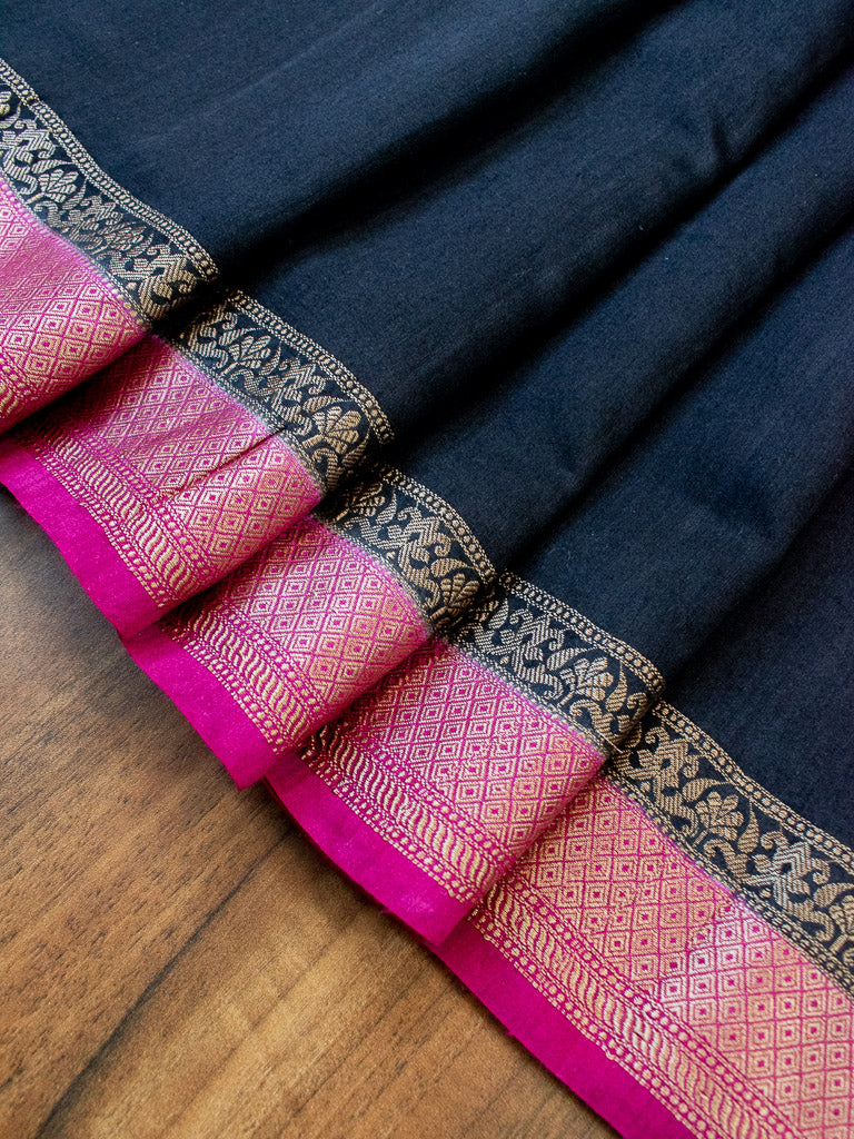 Banarasi Handwoven Pure Muga Silk Saree With Antique Resham Border-Black