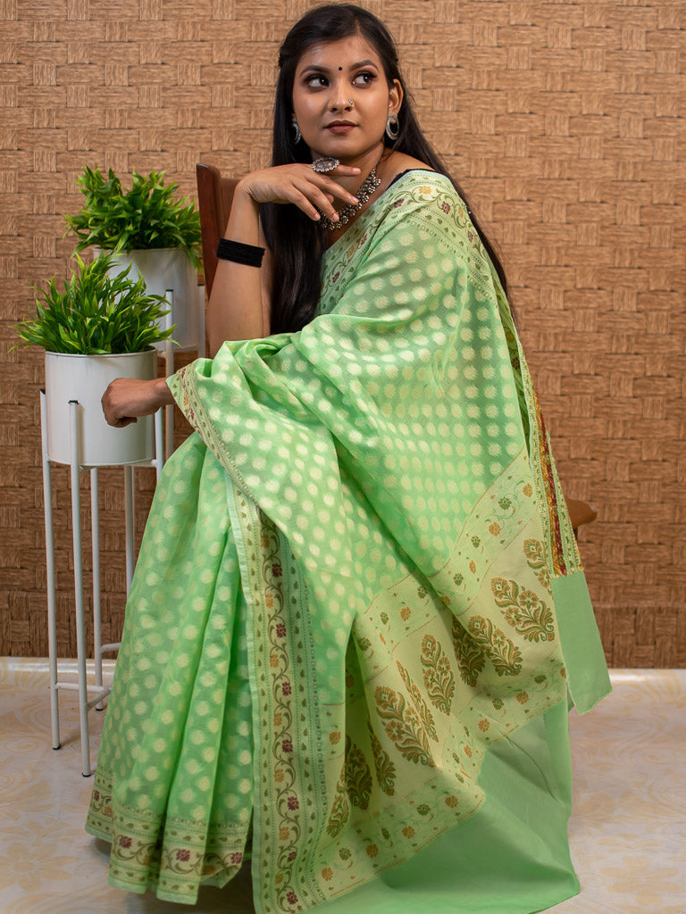 Banarasi Pure Cotton Saree Zari & Resham Buti Weaving-Green
