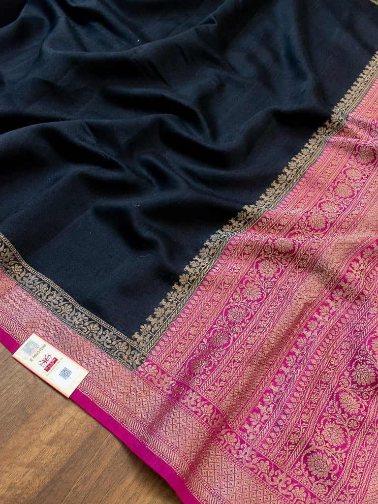 Banarasi Handwoven Pure Muga Silk Saree With Antique Resham Border-Black