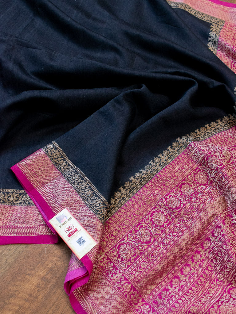 Banarasi Handwoven Pure Muga Silk Saree With Antique Resham Border-Black