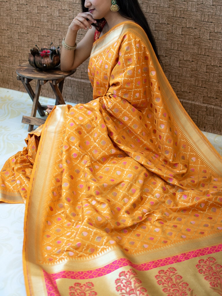 Banarasi Handloom Art Katan Silk Saree With Meena Jaal Weaving-Yellow