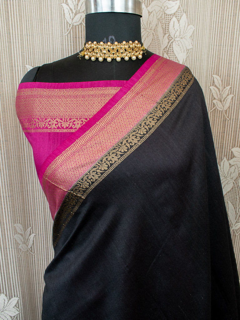 Banarasi Handwoven Pure Muga Silk Saree With Antique Resham Border-Black