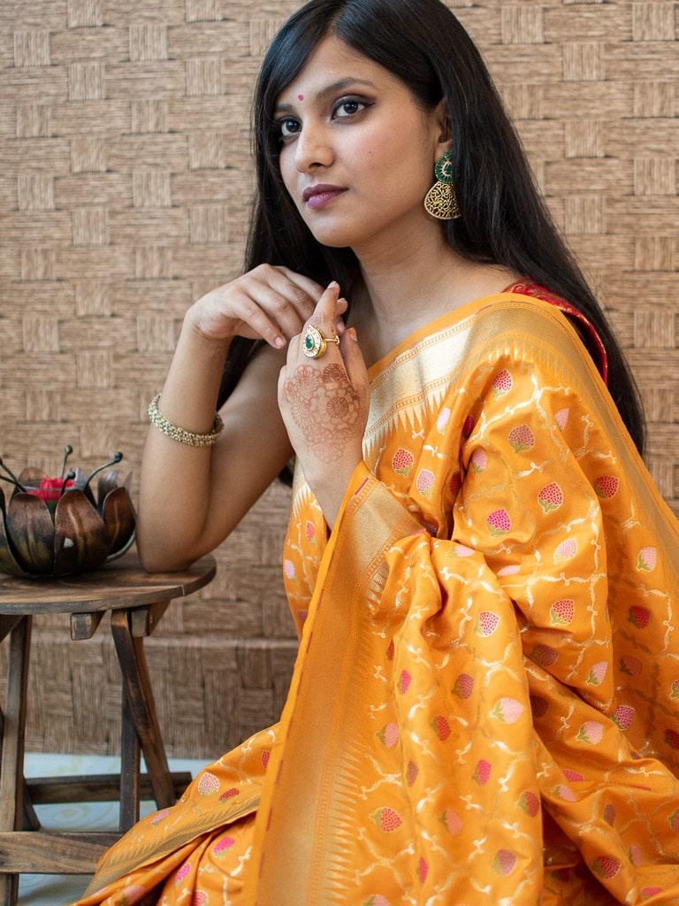 Banarasi Handloom Art Katan Silk Saree With Meena Jaal Weaving-Yellow