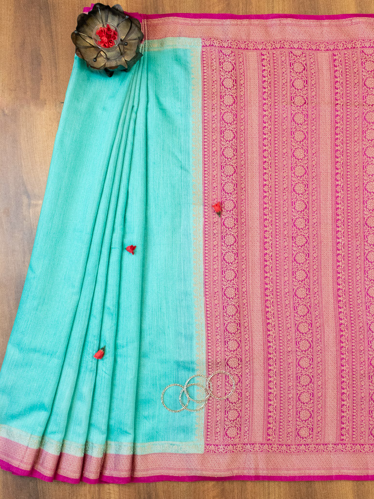 Banarasi Handwoven Pure Muga Silk Saree With Antique Resham Border-Turquoise Blue