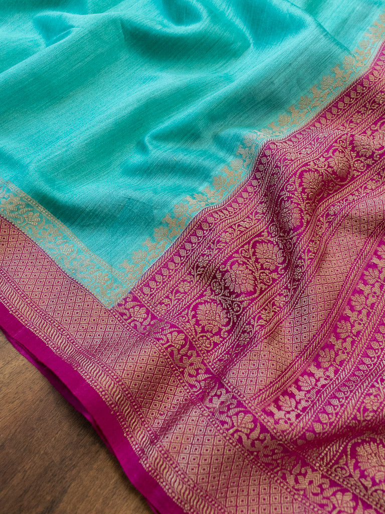 Banarasi Handwoven Pure Muga Silk Saree With Antique Resham Border-Turquoise Blue