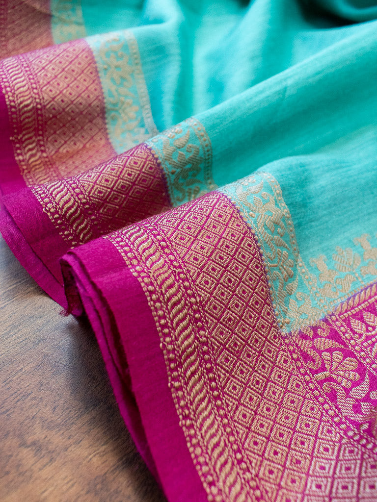 Banarasi Handwoven Pure Muga Silk Saree With Antique Resham Border-Turquoise Blue