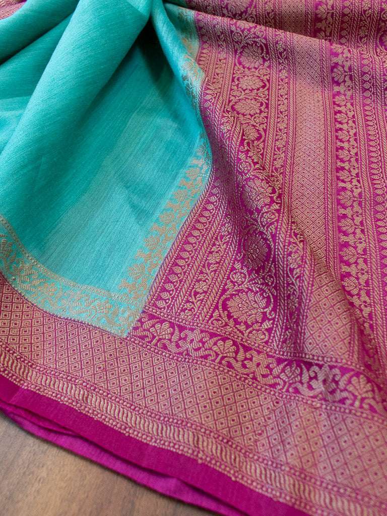 Banarasi Handwoven Pure Muga Silk Saree With Antique Resham Border-Turquoise Blue