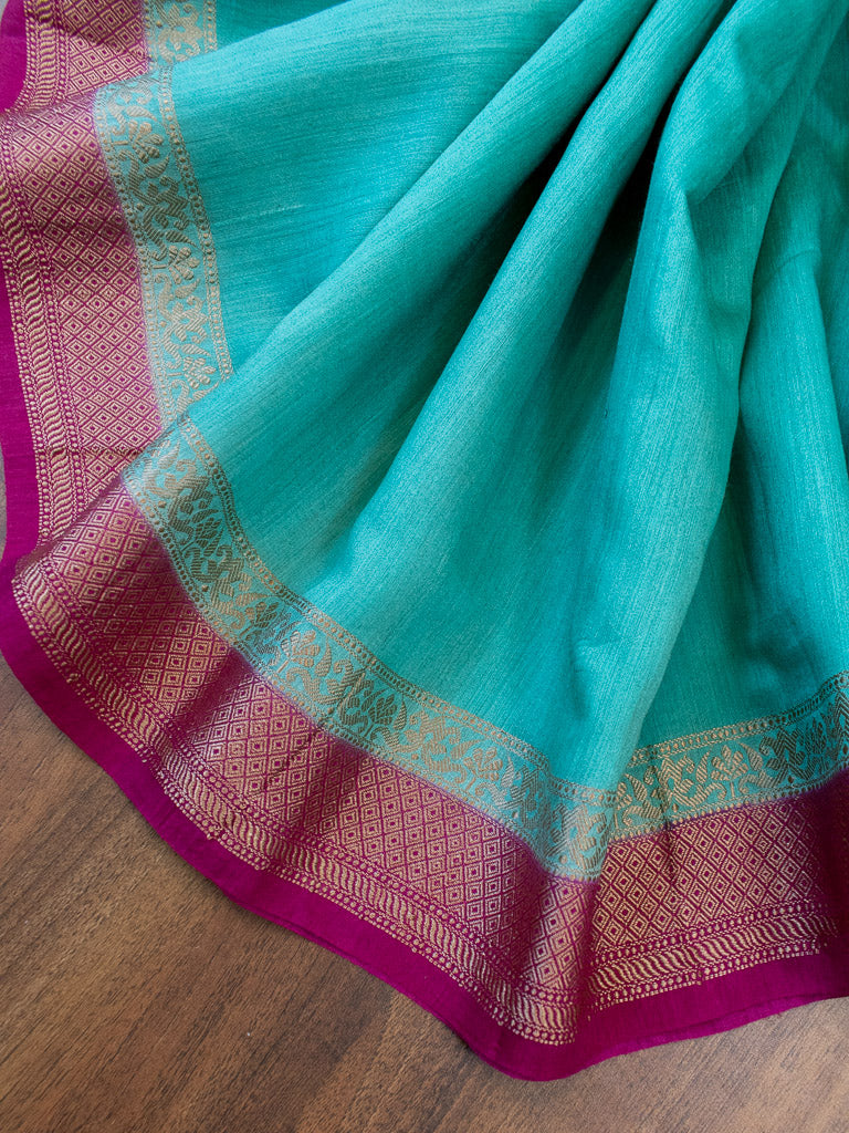 Banarasi Handwoven Pure Muga Silk Saree With Antique Resham Border-Turquoise Blue