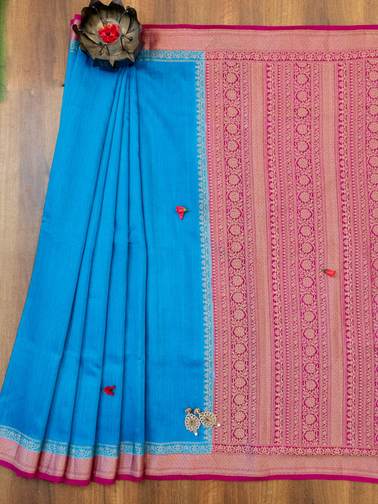Banarasi Handwoven Pure Muga Silk Saree With Antique Resham Border-Blue & Deep Purple