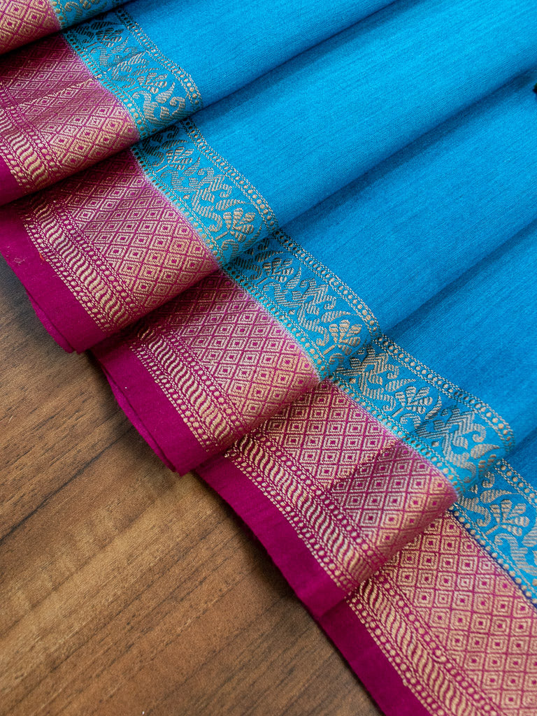 Banarasi Handwoven Pure Muga Silk Saree With Antique Resham Border-Blue & Deep Purple
