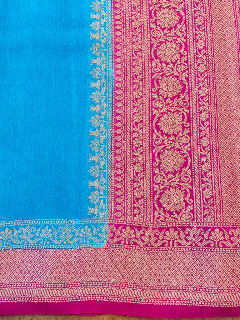 Banarasi Handwoven Pure Muga Silk Saree With Antique Resham Border-Blue & Deep Purple