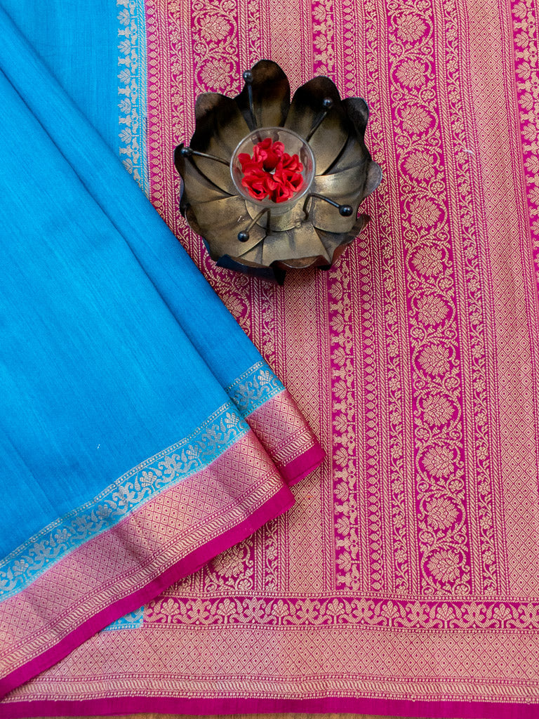 Banarasi Handwoven Pure Muga Silk Saree With Antique Resham Border-Blue & Deep Purple