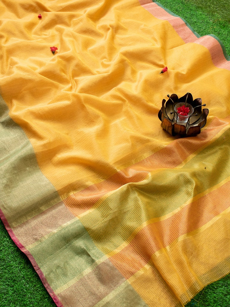 Banarasi Cotton Silk Saree Plain Body With Antique Zari Border-Yellow
