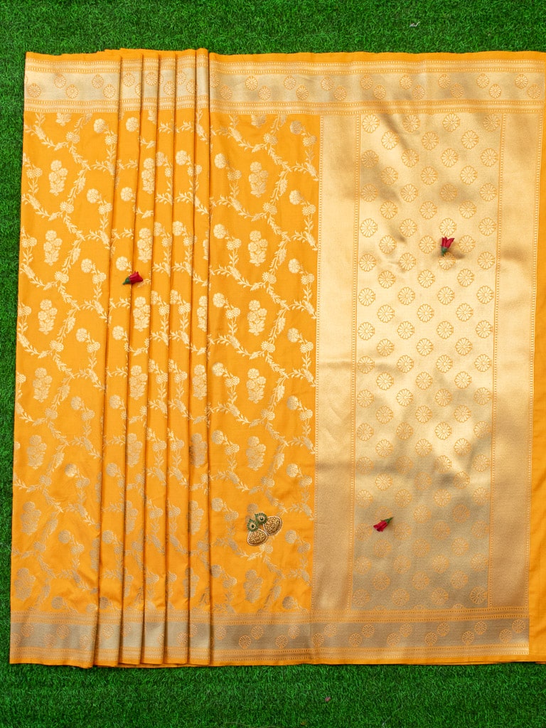 Banarasi Art Katan Silk Saree With Meena Floral Jaal Weaving-Yellow